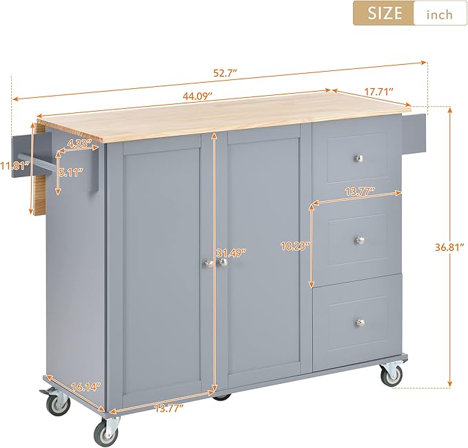 53" W Mobile Kitchen Island with Drop Leaf, Locking Wheels and Solid Wood Tabletop, Kitchen-cart w/Storage Cabinet &3 Drawers, for Dining Room, Coffee Bar Service - LeafyLoom