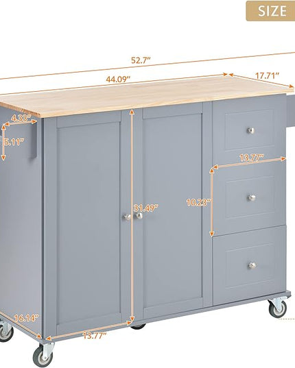 52.7 Cart with Wood Top and Drop Leaf Breakfast Bar, Rolling Mobile Island Towel Rack,Large Storage Cabinet Kitchen Table for Dinning Room, Grey, 52.76 Inch - LeafyLoom