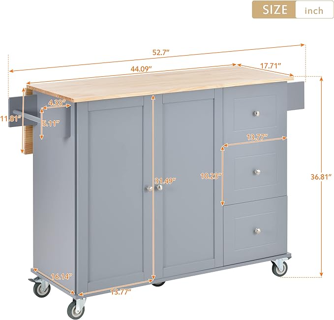 52.7 Cart with Wood Top and Drop Leaf Breakfast Bar, Rolling Mobile Island Towel Rack,Large Storage Cabinet Kitchen Table for Dinning Room, Grey, 52.76 Inch - LeafyLoom