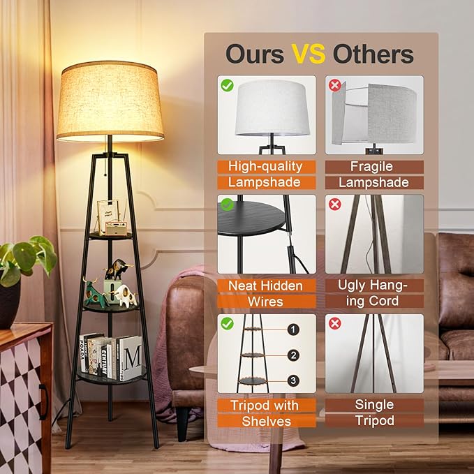 OUTON Tripod Floor Lamp with Shelves, Modern Shelf Floor Lamp with 3 Color Temperatures, Memory Function, Standing Tall Lamp with White Linen Texture Shade for Living Room, Bedroom, Office, Black - LeafyLoom