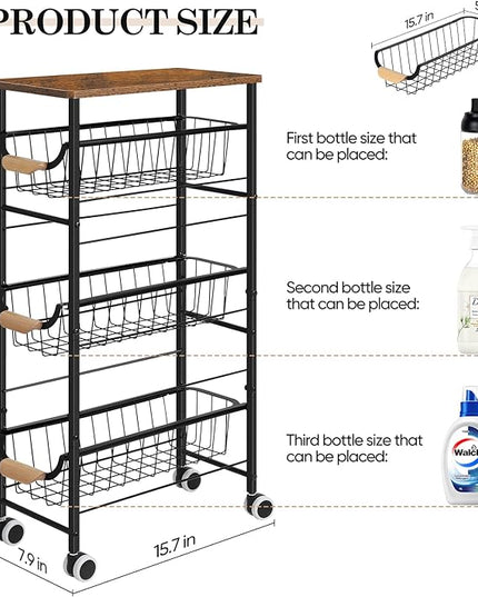 Slim Rolling Storage Cart,4-Tier Rolling Kitchen Cart,Narrow Utility Cart with Pull-Out Basket and Wooden Top,for Ktichen,Bathroom,Laundry Room,Small Space,Rustic Brown - LeafyLoom
