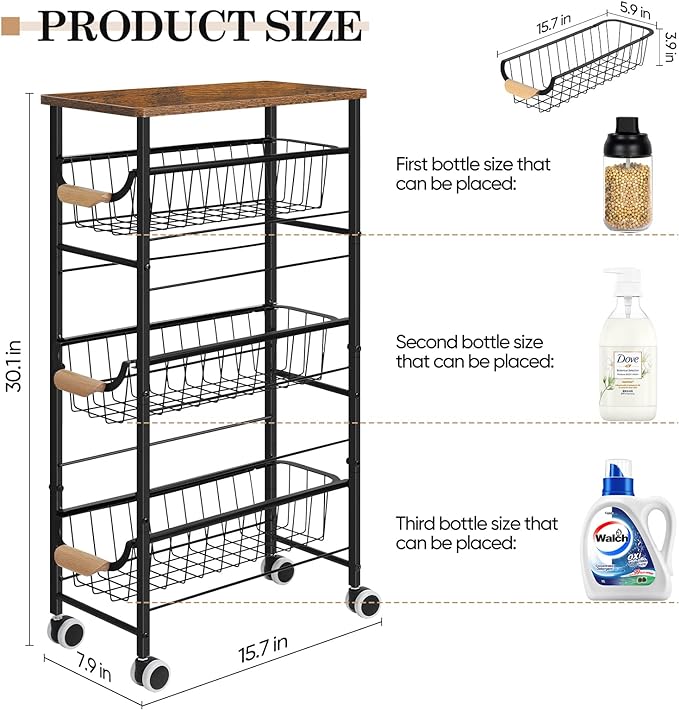 Slim Rolling Storage Cart,4-Tier Rolling Kitchen Cart,Narrow Utility Cart with Pull-Out Basket and Wooden Top,for Ktichen,Bathroom,Laundry Room,Small Space,Rustic Brown - LeafyLoom