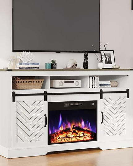 Farmhouse Fireplace TV Stand for 65+ Inch TV, Entertainment Center with 23" Electric Fireplace with Remote, Modern Rustic TV Console with Sliding Bar Door for Living Room, Antique White - LeafyLoom
