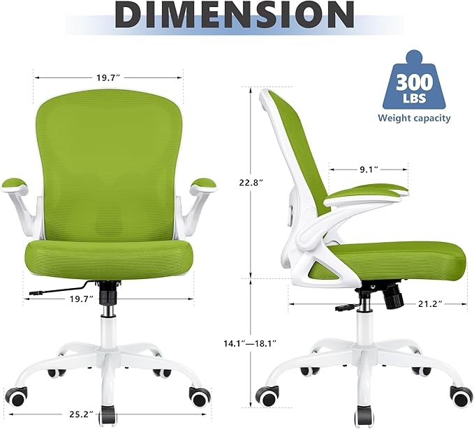 Office Chair Desk Chair, Ergonomic Mesh Computer Chair Home Office Desk Chairs, Swivel Task Chair Mid Back Breathable Rolling Chair with Adjustable Lumbar Support Flip Up Armrest (Green) - LeafyLoom