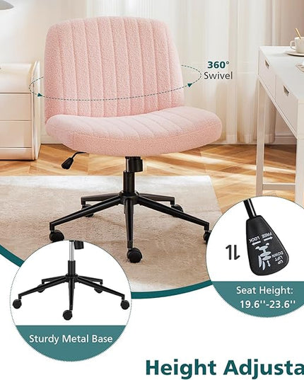 OLIXIS Cross Legged Armless Wide Adjustable Swivel Padded Home Office Desk Chair, Pink with Wheels - LeafyLoom