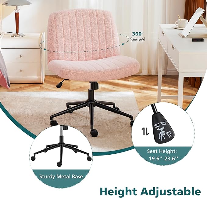 OLIXIS Cross Legged Armless Wide Adjustable Swivel Padded Home Office Desk Chair, Pink with Wheels - LeafyLoom