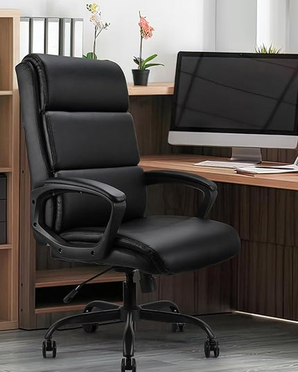 Leather Office Chair, Bonded Leather Executive Computer Chair, High Back Desk Chair with Padded Armrest, Thickened Cushion, Swivel Chair for Home, Meeting, Conference - Black - LeafyLoom
