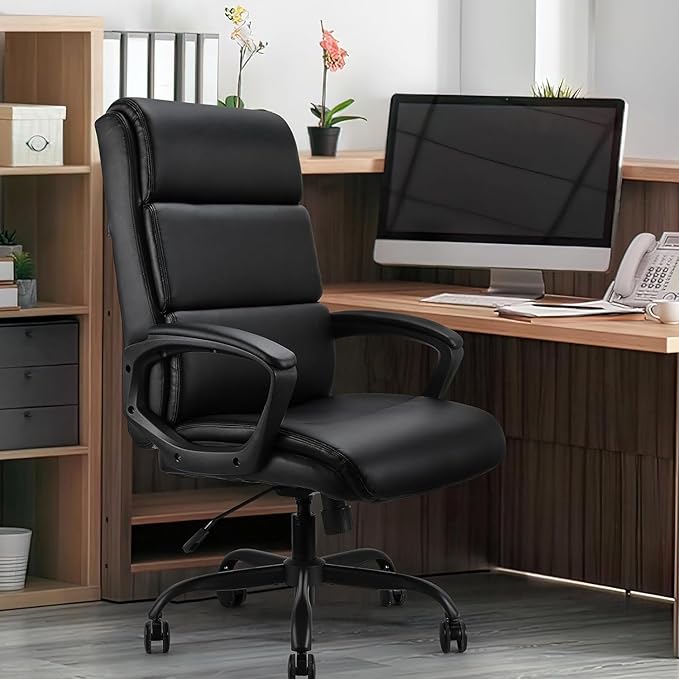 Leather Office Chair, Bonded Leather Executive Computer Chair, High Back Desk Chair with Padded Armrest, Thickened Cushion, Swivel Chair for Home, Meeting, Conference - Black - LeafyLoom