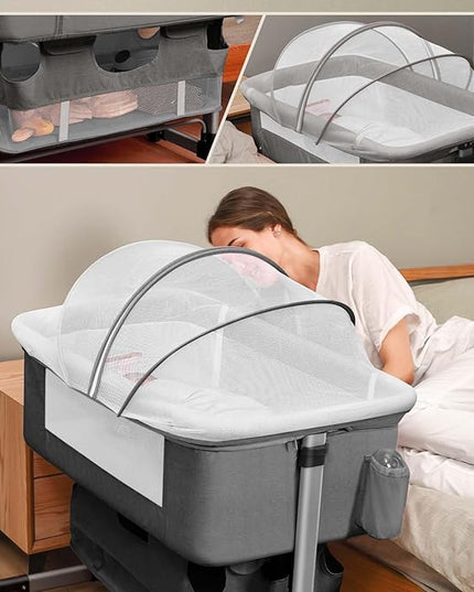 Bedside Crib,3 in 1 Baby Crib Adjustable Portable Bed for Infant,Baby Bassinet with Mosquito net Baby Newborn Must Have Bed,Grey - LeafyLoom