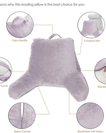 Clara Clark Reading Pillow for Kids, Small Back Pillow for Sitting Up in Bed, Memory Foam Back Support Pillow, Reading Pillows for Sitting in Bed, Grey Lavender Gaming Pillow with Arms and Pockets - LeafyLoom