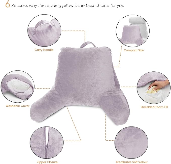 Clara Clark Reading Pillow for Kids, Small Back Pillow for Sitting Up in Bed, Memory Foam Back Support Pillow, Reading Pillows for Sitting in Bed, Grey Lavender Gaming Pillow with Arms and Pockets - LeafyLoom