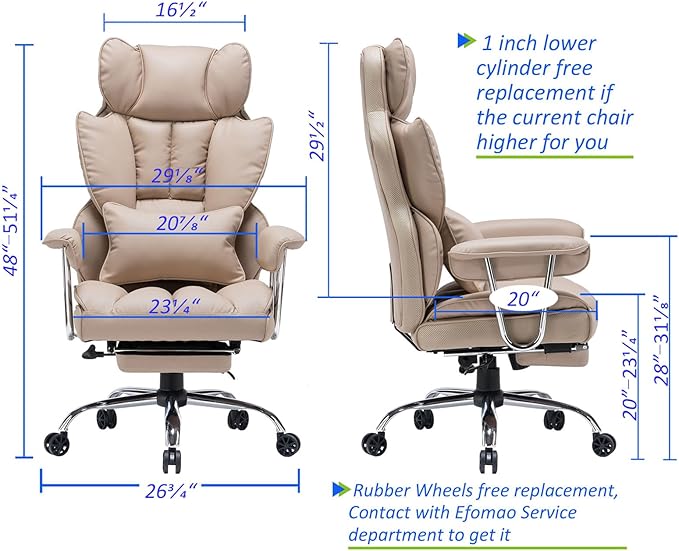 Desk Office Chair 400LBS, Big and Tall Office Chair, PU Leather Computer Chair, Executive Office Chair with Leg Rest and Lumbar Support, Dark Beige Office Chair - LeafyLoom