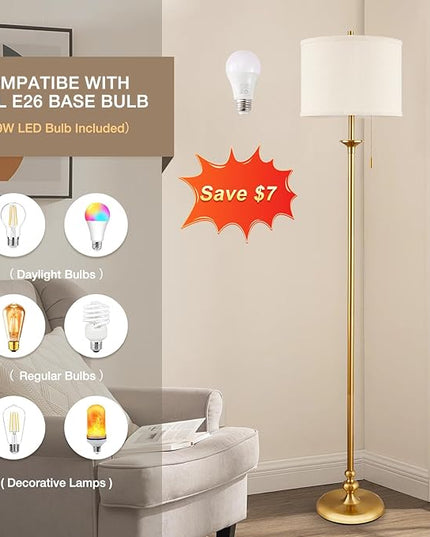 Luvkczc Modern Floor Lamp, 60" Standing Lamp for Living Room with Pull Chain Switch, Corner Tall Soft Lighting for Bedroom, Office, Dining Room, Farmhouse (Bulb Included),Gold - LeafyLoom