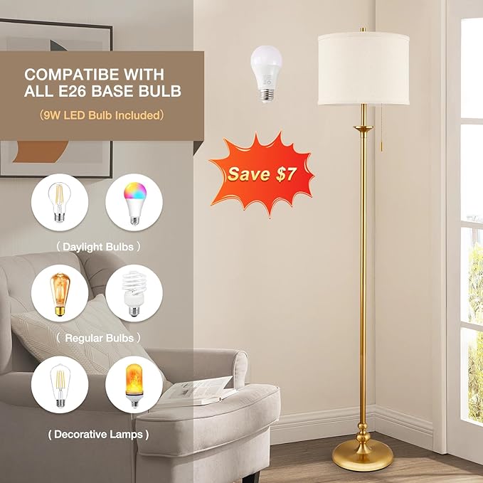 Luvkczc Modern Floor Lamp, 60" Standing Lamp for Living Room with Pull Chain Switch, Corner Tall Soft Lighting for Bedroom, Office, Dining Room, Farmhouse (Bulb Included),Gold - LeafyLoom