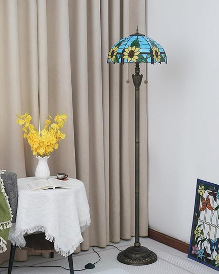 Tiffany Floor Lamp Blue Yellow Sunflowers Stained Glass lamps for Living Room Bedroom Office Lighting Rustic Corner Deco Standing Tall Vintage Kids Aesthetic Mediterranean Style Lamp - LeafyLoom