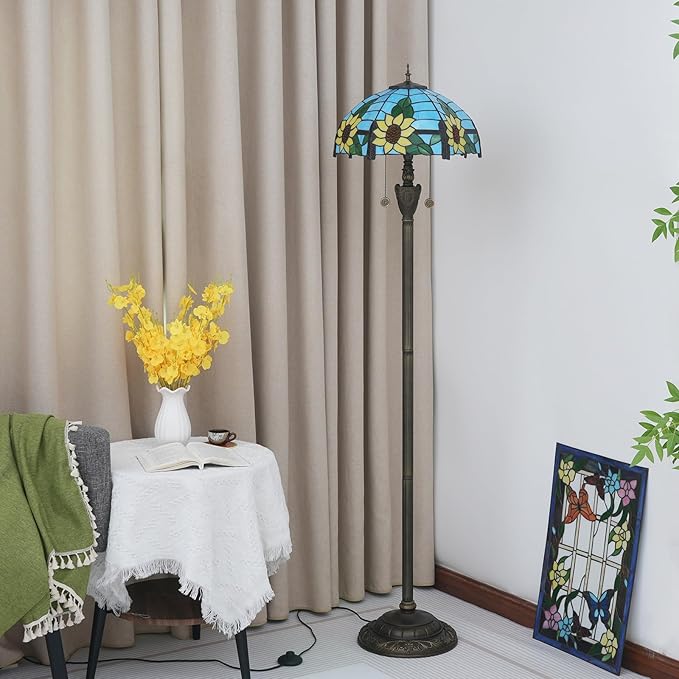 Tiffany Floor Lamp Blue Yellow Sunflowers Stained Glass lamps for Living Room Bedroom Office Lighting Rustic Corner Deco Standing Tall Vintage Kids Aesthetic Mediterranean Style Lamp - LeafyLoom