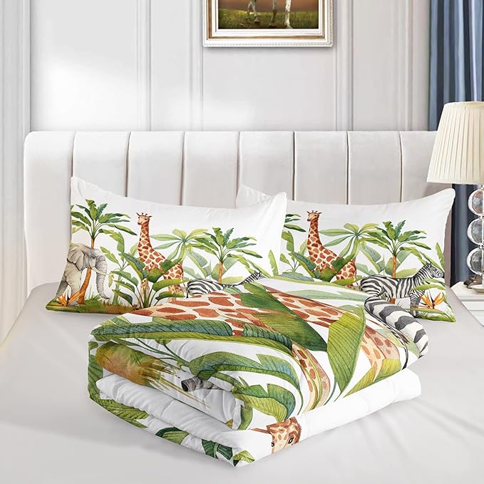 Wild Animal Comforter Twin Size,Elephant Giraffe Zebra Kids Comforter Set,3Pcs Bedding Set Printed Comforter with 2 Pillowcases,Down Alternative,Soft and Lightweight,for All Seasons - LeafyLoom