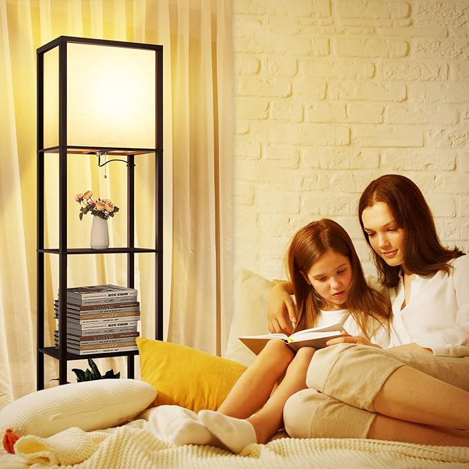 Floor Lamp with Shelves Plus, 4-Tier Modern Shelf Floor Lamp with 2700 4000K 5000K Color Selectable, Display Lamp for Living Room Bedroom Office, 15W LED Bulb(Walnut). - LeafyLoom