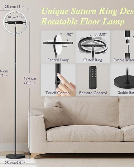 FIMEI Modern Black Metal Saturn Ring LED Floor Lamp, Stepless Dimming and Color Temperature Adjustment, Rotatable Lamp Head, Independent Control of Upwards Round Light and Outer Ring Light - LeafyLoom