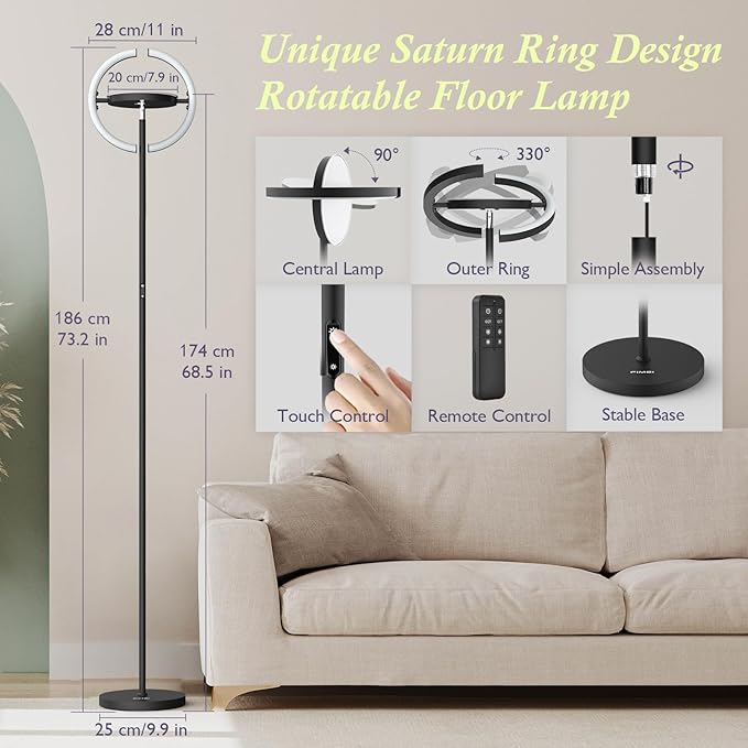 FIMEI Modern Black Metal Saturn Ring LED Floor Lamp, Stepless Dimming and Color Temperature Adjustment, Rotatable Lamp Head, Independent Control of Upwards Round Light and Outer Ring Light - LeafyLoom