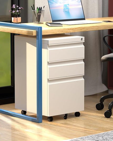 Mobile File Cabinet Under Desk, 3 Drawers Metal File Cabinet with Wheels, Rolling Filing Cabinets with Lock for Home Office Letter/Legal/A4 - LeafyLoom