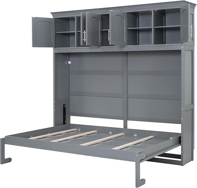 Merax Modern Farmhouse Solid Wood Murphy Cabinet Bed with Top Cabinets, Tall Wall Platform Bed No Box Spring Needed/Easy Assemble Queen,Gray - LeafyLoom