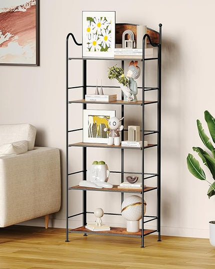 Folding Bookshelf No Assembly, 5 Shelf Black Folding Bookcase, Industrial Tall Metal Collapsible Corner Book Shelf with Storage Shelves for Bedroom, Living Room, Home Office Organization - LeafyLoom