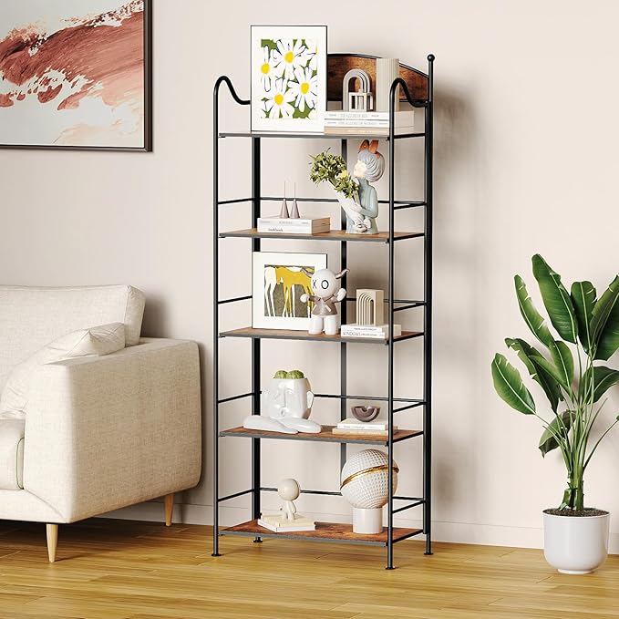 Folding Bookshelf No Assembly, 5 Shelf Black Folding Bookcase, Industrial Tall Metal Collapsible Corner Book Shelf with Storage Shelves for Bedroom, Living Room, Home Office Organization - LeafyLoom