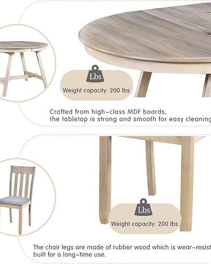 NicBex Small Dining Table Set for 4 Kitchen Table and Chairs 5-Piece Wood Dining Table Set Round Extendable Dining Table with 4 Dining Chairs for Dining Room, Natural Wood Wash - LeafyLoom