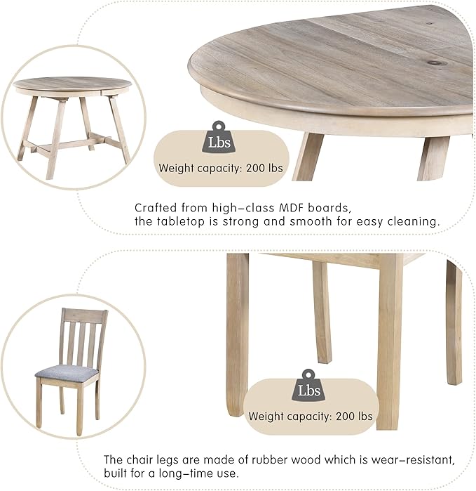 NicBex Small Dining Table Set for 4 Kitchen Table and Chairs 5-Piece Wood Dining Table Set Round Extendable Dining Table with 4 Dining Chairs for Dining Room, Natural Wood Wash - LeafyLoom