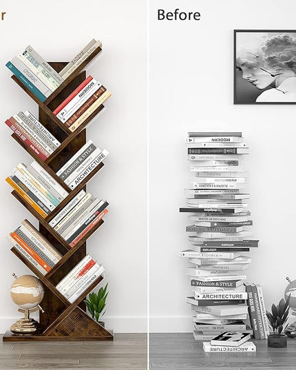 Topfurny Tree Bookshelf, 9-Tier Shelf Rustic Brown Bookcase, Retro Wood Storage Rack for CDs/Movies/Books, Anti-Fall Utility Organizer Shelves for Living Room, Bedroom, Home Office, Rustic - LeafyLoom