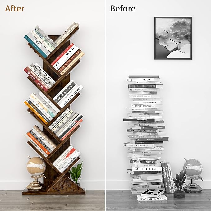 Topfurny Tree Bookshelf, 9-Tier Shelf Rustic Brown Bookcase, Retro Wood Storage Rack for CDs/Movies/Books, Anti-Fall Utility Organizer Shelves for Living Room, Bedroom, Home Office, Rustic - LeafyLoom