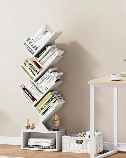 Vagusicc 6 Tier Tree Bookshelf, Modern Floor Standing Bookcase with Storage Drawer, Tall Wood Book Storage Rack for CDs/Books, Utility Book Organizer Shelves for Bedroom/Living Room/Home Office/Corner - LeafyLoom