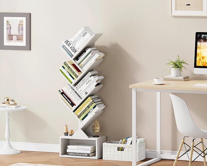 Vagusicc 6 Tier Tree Bookshelf, Modern Floor Standing Bookcase with Storage Drawer, Tall Wood Book Storage Rack for CDs/Books, Utility Book Organizer Shelves for Bedroom/Living Room/Home Office/Corner - LeafyLoom