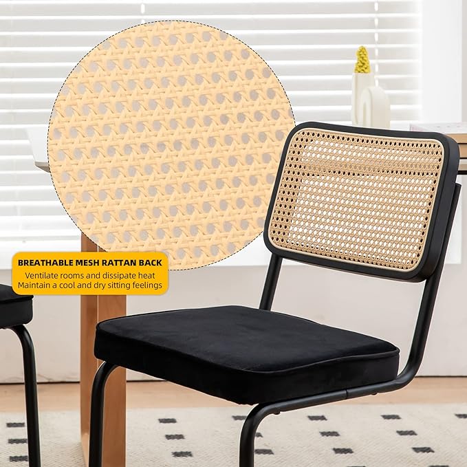 Dining Chairs Set of 2, Velvet Rattan Side Accent Chairs with Chrome Legs, Modern Mid Century Breuer Designed Chairs, Upholstered Dining Living Room Kitchen Chairs (Black-2pcs) - LeafyLoom