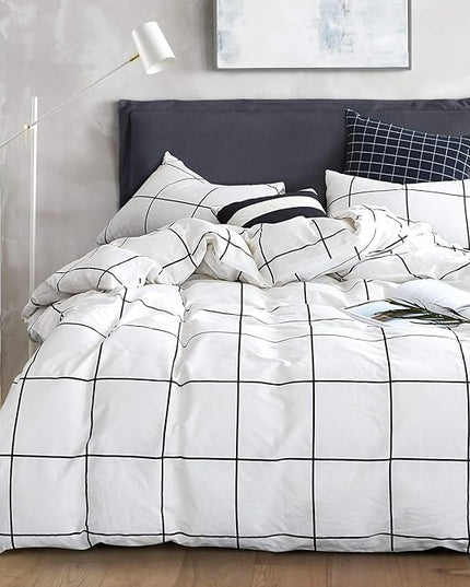 White Grid Comforter Set Big Grid Bedding Set King White Black Plaid Printed Stripes Women Checkered Comforters Bedding Set White Grid Bed Blanket Set White Plaid King Comforter - LeafyLoom