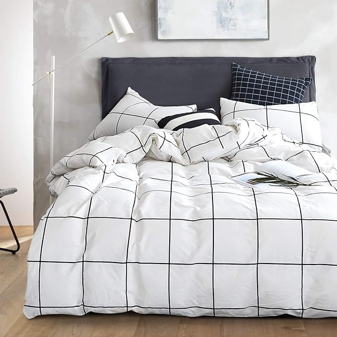 White Grid Comforter Set Big Grid Bedding Set King White Black Plaid Printed Stripes Women Checkered Comforters Bedding Set White Grid Bed Blanket Set White Plaid King Comforter - LeafyLoom