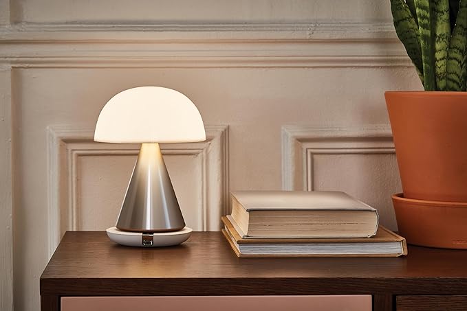 Lexon Mina L Mushroom Lamp - 9 LED Color Table Lamp for Bedrooms, Living Room & Office - Cordless, Rechargeable with 24h Light & Dimmer, Aluminum, Large - Alu Poli - LeafyLoom
