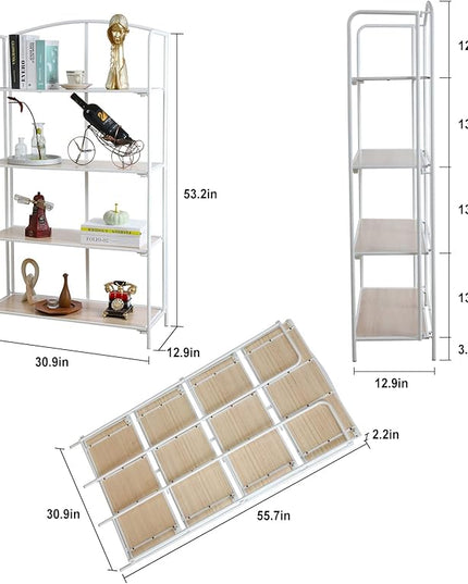 No Assembly Folding Bookshelf, 4 Tier White Bookshelf, Metal Book Shelf for Storage, Folding Bookcase for Office Organization and Storage, 12.87" D x 30.9" W x 55.71" H - LeafyLoom