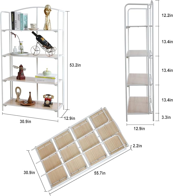 No Assembly Folding Bookshelf, 4 Tier White Bookshelf, Metal Book Shelf for Storage, Folding Bookcase for Office Organization and Storage, 12.87" D x 30.9" W x 55.71" H - LeafyLoom