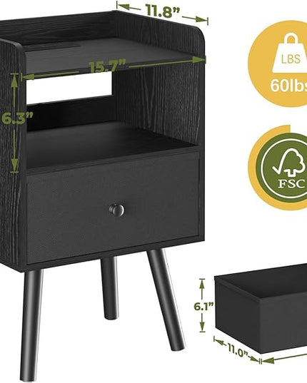 Yoobure Nightstand with Charging Station, Modern Night Stand with LED Lights, Wood Nightstands with Fabric Drawer & Storage Shelf, Night Stands Bedside Table with USB Ports for Bedroom, Office, Home - LeafyLoom