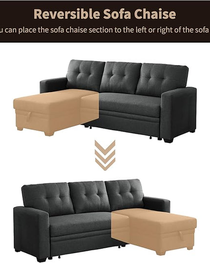 4-in-1 Convertible Pull Out Modular Sectional Sofa Bed for Living Room Furniture Sets, L Shaped Comfy Couch with Reversible Storage Chaise Upholstered for Apartment, Studio, Office, Dark Gray-2 - LeafyLoom