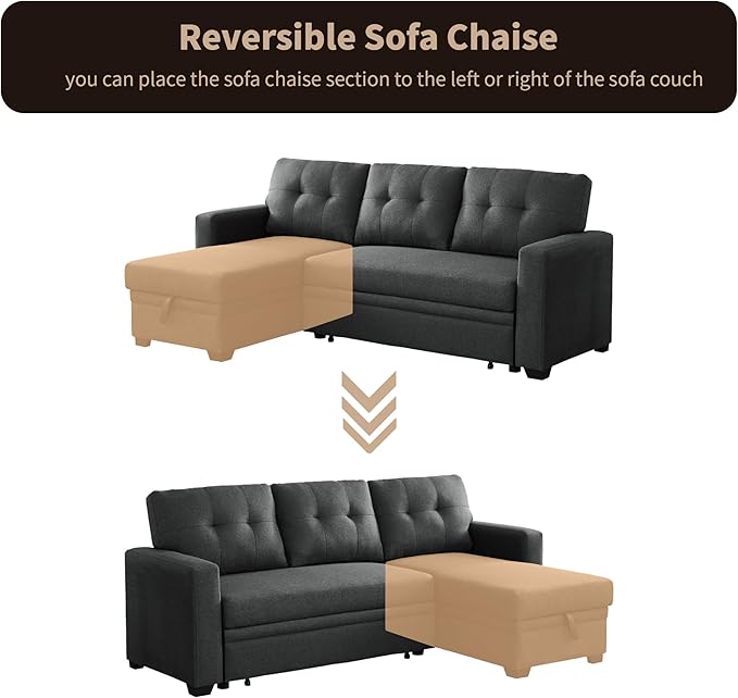 4-in-1 Convertible Pull Out Modular Sectional Sofa Bed for Living Room Furniture Sets, L Shaped Comfy Couch with Reversible Storage Chaise Upholstered for Apartment, Studio, Office, Dark Gray-2 - LeafyLoom