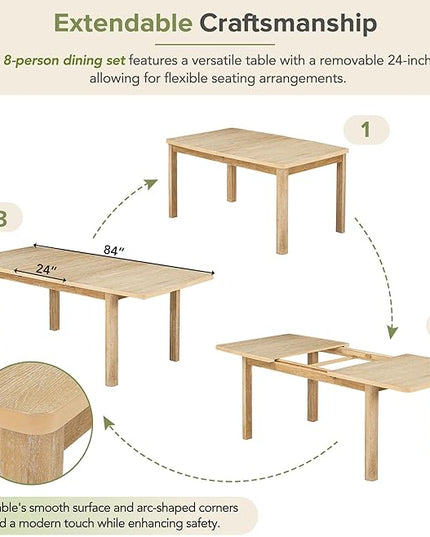 NicBex Dining Table Kitchen & Dining Room Tables Rustic Extendable 84Inch Dining Table Set with 24Inch Removable Leaf, 6 Upholstered Armless Dining Chairs and 2 Padded Chairs, Natural+Grey - LeafyLoom