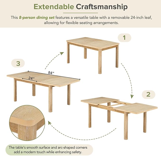 Rustic 9-Piece Wood Dining Set for 8 People, 84" Extendable Rectangular Kitchen Table with Removable Leaf and 8 Upholstered Chairs, Natural, 1 - LeafyLoom