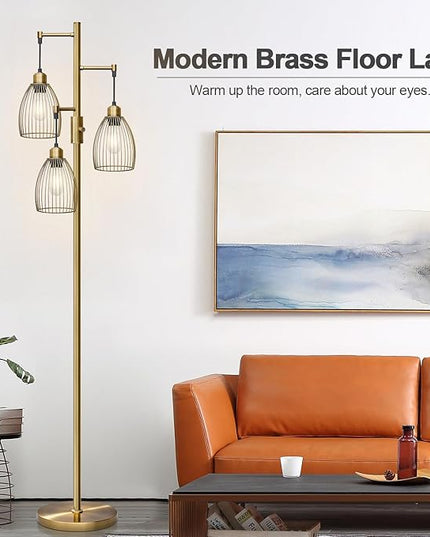Dimmable Floor Lamp, Industrial Floor Lamps for Living Room, Antique Brass Tree Lamp Standing Lamp Tall Lamps with 3 Elegant Teardrop Cage Head & 800 Lumens LED Bulbs for Living Room Bedroom Office - LeafyLoom