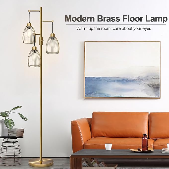 Dimmable Floor Lamp, Industrial Floor Lamps for Living Room, Antique Brass Tree Lamp Standing Lamp Tall Lamps with 3 Elegant Teardrop Cage Head & 800 Lumens LED Bulbs for Living Room Bedroom Office - LeafyLoom