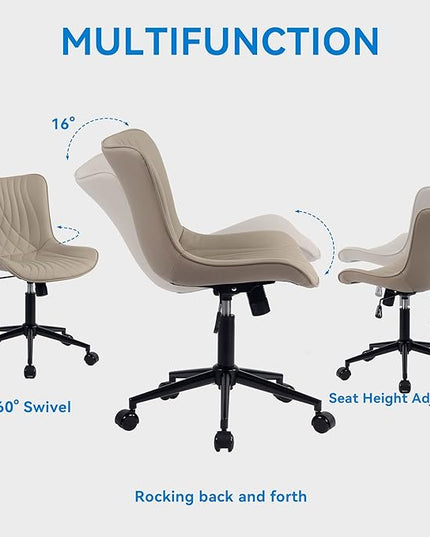 YOUNIKE Office Chair, Desk Chair with Wheels, Home Office Computer Task Chairs, Modern Faux Leather Padded Vanity Chair, Adjustable Swivel Armless Office Chairs with Back, Khaki - LeafyLoom