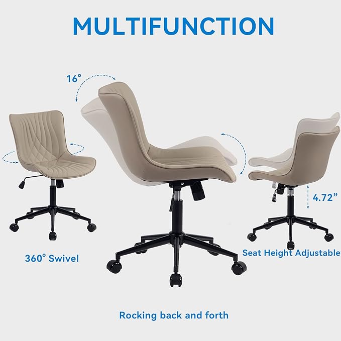 YOUNIKE Office Chair, Desk Chair with Wheels, Home Office Computer Task Chairs, Modern Faux Leather Padded Vanity Chair, Adjustable Swivel Armless Office Chairs with Back, Khaki - LeafyLoom