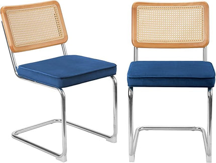 Dining Chair Set of 2, Mid-Century Modern Rattan Dining Chairs with Metal Chrome Legs, Natural Cane Backrest Upholstered for Home Kitchen，Dining Room and Patio, Deep Blue - LeafyLoom